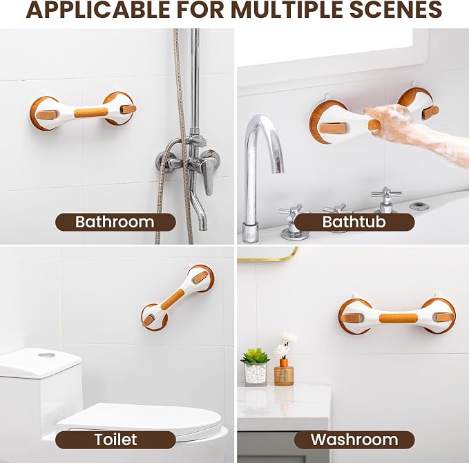 TAILI Shower Grab Bar, 2 Pack 12 Inch Suction Grab Bars for Bathtubs and Elderly, Shower Handle for Seniors Bathroom Safety Grip, No Drilling Removable,Wood Grain,G9
