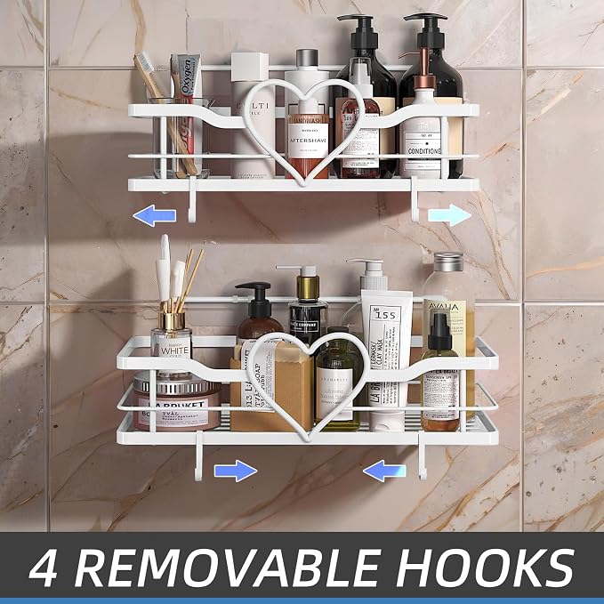 White Shower Caddy with 4 Removable Hooks, 2 Pack Sweet Heart Shower Shelves,No Drilling Adhesive Organizer Shelf for Bathroom Shower,Kitchen,Bedroom