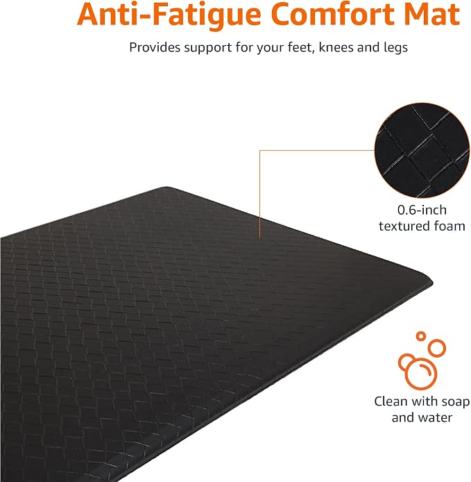 Amazon Basics Anti-Fatigue Standing Mat, Non-Slip, Cushioned Comfort Mat for Home, Office and Kitchen, 20" x 36" x 0.6", Black, 1-Pack