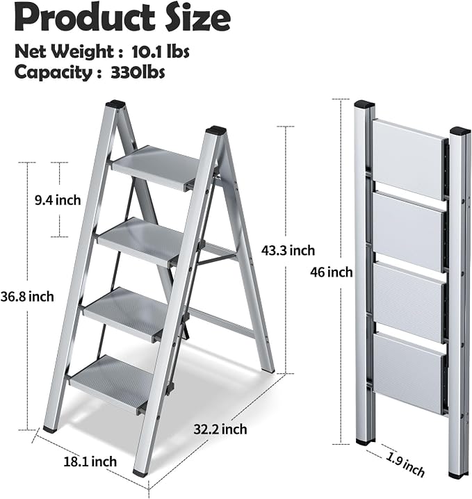 Taranta 4 Step Ladder,Aluminum Lightweight Folding 4 Step Stool with Anti-Slip Wide Pedal,330lbs Capacity Step Ladder for Household,Kitchen,Office - Silver