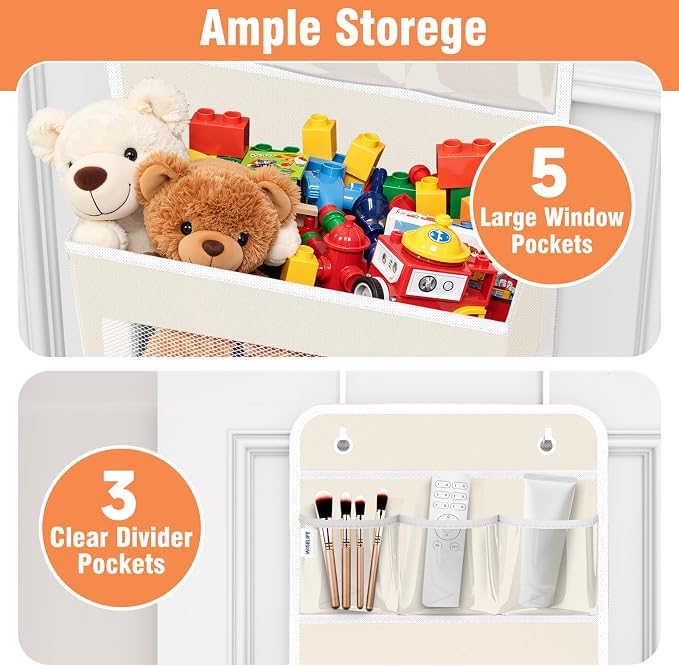 WISELIFE Over the Door Organizer - 6 Shelves Detachable Hanging Bedroom Storage Solution with 5 Large Pockets and 3 PVC Pockets for Dorm Bathroom, Pantry Nursery Baby Essentials (Beige)