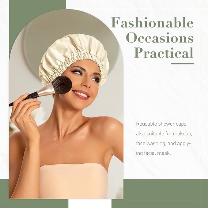 Reusable Shower Cap for Women, Large Waterproof Shower Bonnet with Elastic Band, Washable Bath Hair Cap for Long, Curly Hair, Braids, Daily Shower, Home Spa, Travel(Champagne)