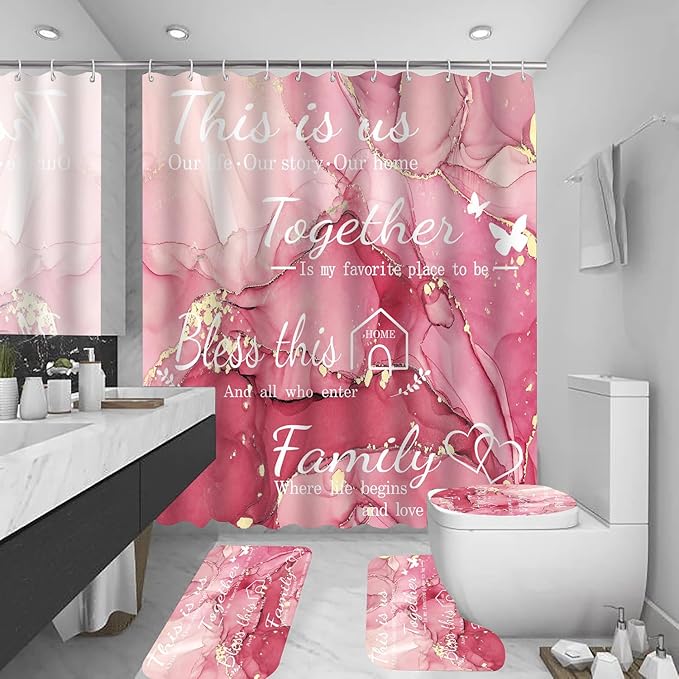 4Pcs Family Marble Shower Curtain Set,Light Pink Home Inspirational Bathroom Sets with Shower Curtain and Rugs, Bathroom Decor Set,Waterproof Bathroom Curtains Shower Set,with 12 Pcs Hooks