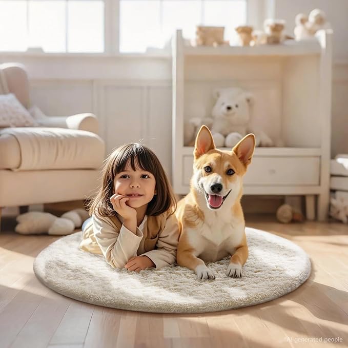 Ophanie Round Rugs 3Ft Ivory Circle Area Rug,Christmas Room Decor, Aesthetic Nursery Bedroom Carpet, Fluffy Fuzzy Plush Soft Shaggy Cream Living Room Rugs for Kids Boys Girls Teen Baby Home, Dorm