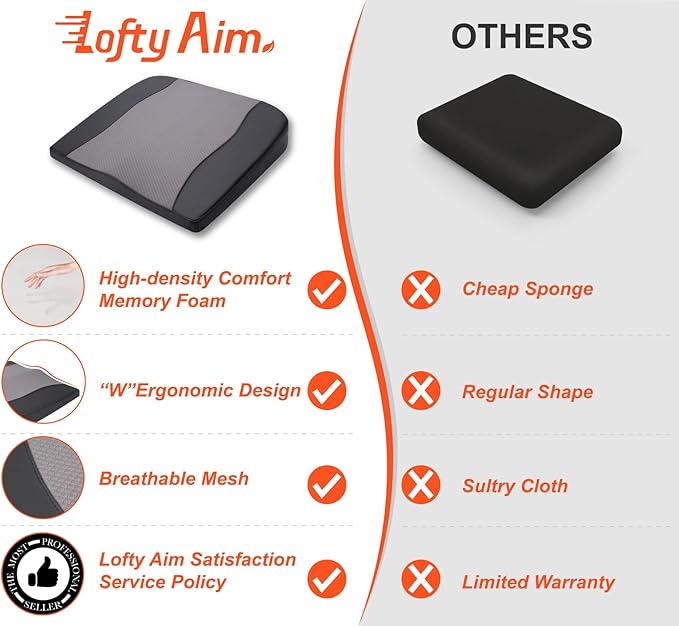 Lofty Aim Car Seat Cushion, Comfort Memory Foam Car Cushions for Driving - Sciatica & Lower Back Pain Relief, Driver Seat Pillow for Auto, Office Chair, Wheelchair - Black&Gray