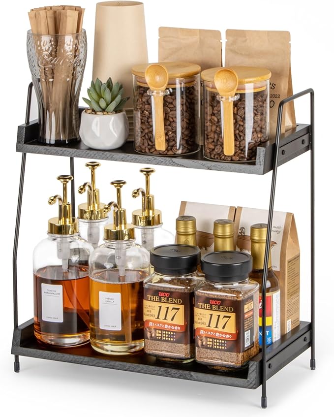 ANBOXIT 2-Tier Coffee Station Organizer, Wooden Kitchen Counter Shelf - Black