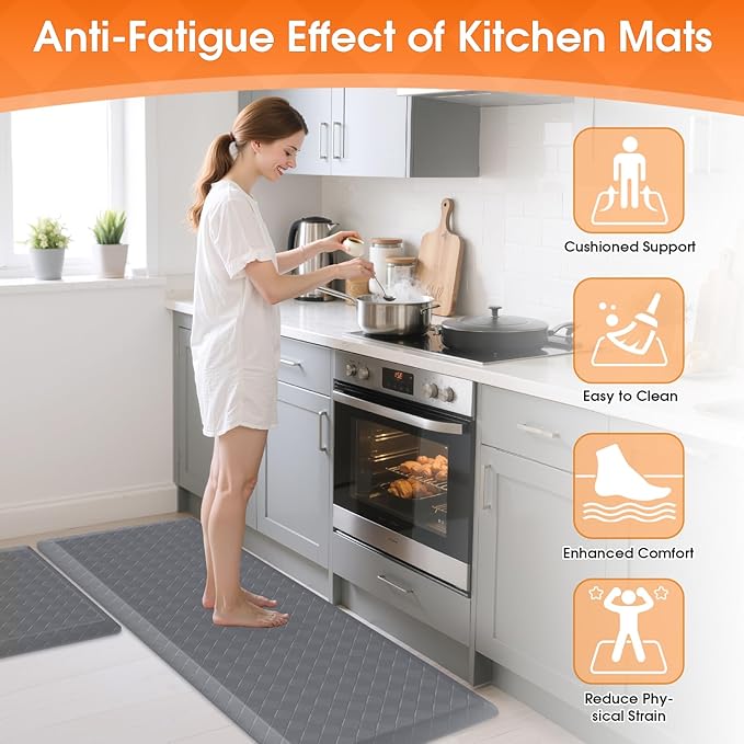 TranquilRelax 4/5 Inch Thick Anti-Fatigue Kitchen Mats 2Pcs, Cushioned Non-Slip Waterproof Sink & Stove Floor Mats, Comfortable Standing Rug Set for Kitchen, Laundry & Entryway, Grey