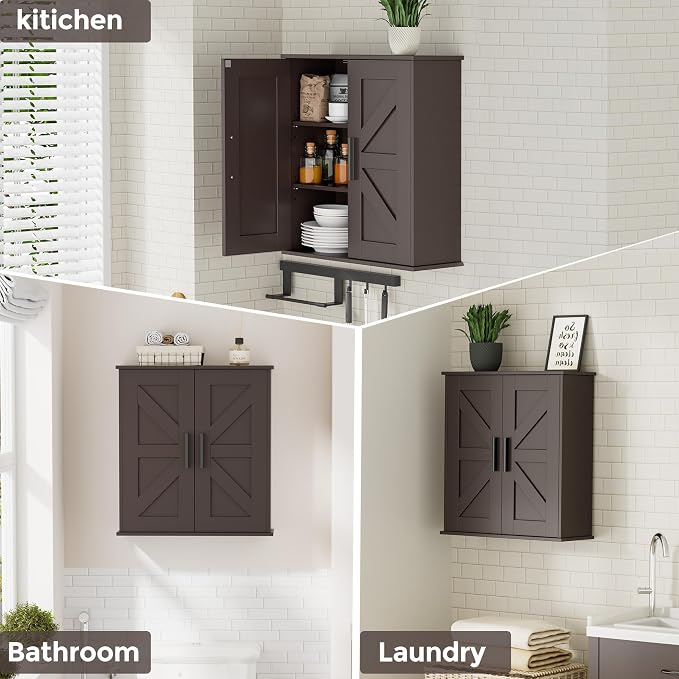 Homleke Bathroom Wall Cabinet, Over Toilet Storage Cabinet with Barn Doors and Adjustable Shelves, 3-Tier Medicine Cabinet Wall Mounted, for Bathroom, Kitchen, Entryway, Laundry Room, Brown, (7.9" D)