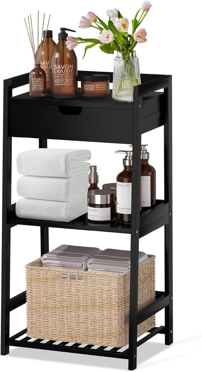 POXAKA 3 Tier Bamboo Bathroom Shelves with Drawer, Ladder Shelf for Bathroom Storage, Space-Saving Design, Stylish Display Nightstand, Stylish Storage Solution for Home, Living Room, Kitchen, Office