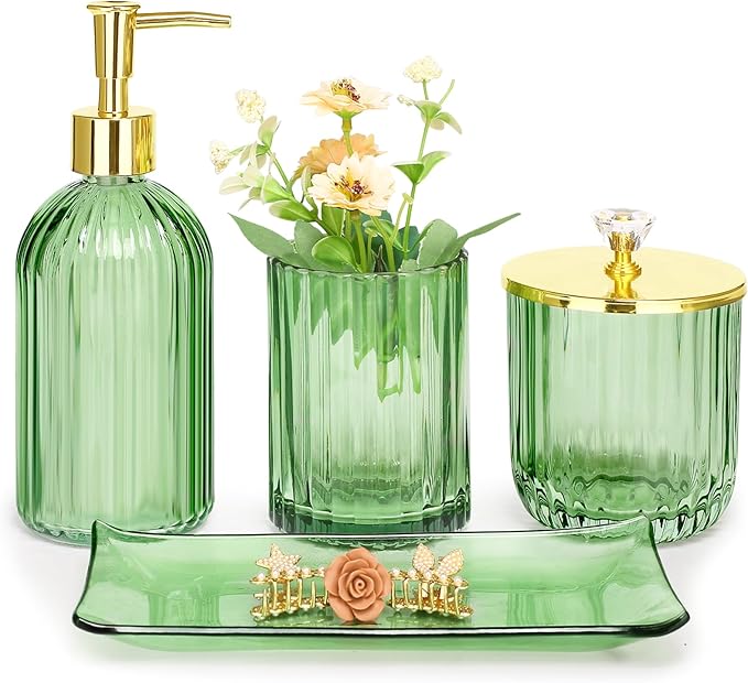 Haturi Bathroom Accessories Set, 4 Pcs Green Glass Bathroom Accessory Set Complete w/Lotion Soap Dispenser, Toothbrush Holder, Qtip Holder, Vanity Tray, Gold Bathroom Decor, Gift for Home Apartment