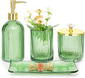 Haturi Bathroom Accessories Set, 4 Pcs Green Glass Bathroom Accessory Set Complete w/Lotion Soap Dispenser, Toothbrush Holder, Qtip Holder, Vanity Tray, Gold Bathroom Decor, Gift for Home Apartment