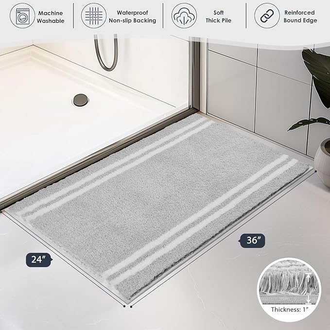 PURRUGS Bathroom Rug Non-Slip Machine Washable 24" x 36", Super Absorbent and Quick Dry Shaggy Microfiber Bath Mat, Extra Soft and Plush Bath Rug for Bathtub, Shower, and Sink, Light Grey