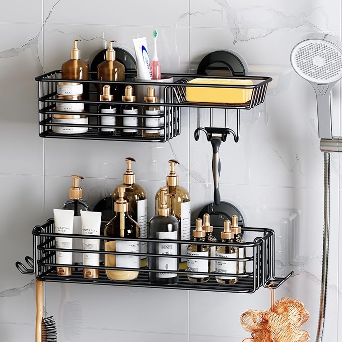 LEVERLOC Shower Caddy Suction Cup, 2 Pack Shower Shelves for Inside Shower with Hooks & Soap Holder, NO-Drilling Bathroom Shower Organizer, Rustproof Meatl Shower Holder Storage, Black