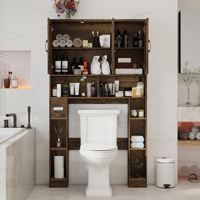 Over The Toilet Storage Cabinet, Farmhouse Toilet Cabinet Rack with 3 Barn Doors, Space Saving Bathroom Organizer with Shelves, Toilet Paper Holder and Towel Rack for Bathroom,Restroom, Dark Brown
