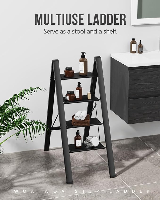 WOA WOA 4 Step Ladder, Foldable Step Stool, Aluminum Lightweight Ladder for Home Kitchen Closet, Anti-Slip Pedals, Ease of Folding, Portable, 300lbs Capacity - Black