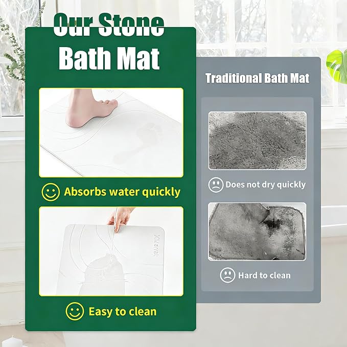 XMarrat Large Stone Bath Mat 2 Pack, 31.5'' x 19.7'' Super Absorbent Diatomaceous Earth Bath Mat Large, Quick Drying Non-Slip Diatomite Stone Bath Mats for Bathroom, Easy to Clean