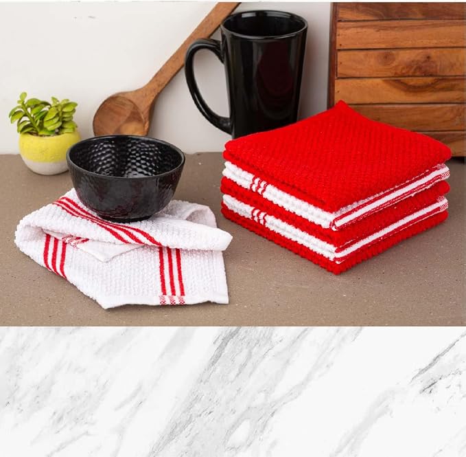 LANE LINEN 16 Pc Kitchen Dish Towels Set - 6 Absorbent Terry Kitchen Hand Towels, 6 Dish Cloths for Washing Dishes, 2 Silicone Grip Potholders & 2 Silicone Oven Mitts - Red