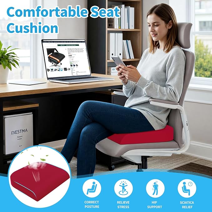 TranquilRelax XLarge Seat Cushion, Memory Foam Cushion for Long Sitting Hours on Office Chair, Home & Car, Non-Slip Chair Pad for Relieving Back & Sciatica & Hip & Coccyx Pain (Red)