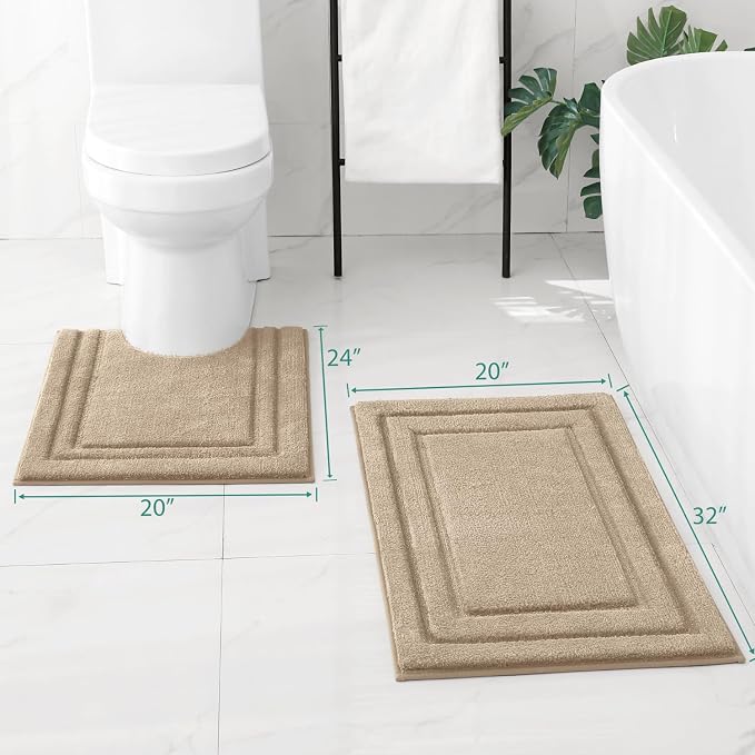 HOMEIDEAS Bathroom Rugs Sets 2 Piece, Super Soft and Absorbent Non Slip Microfiber U-Shaped Toilet Bath Mat Set (20"x32"+U20 x24, Khaki)