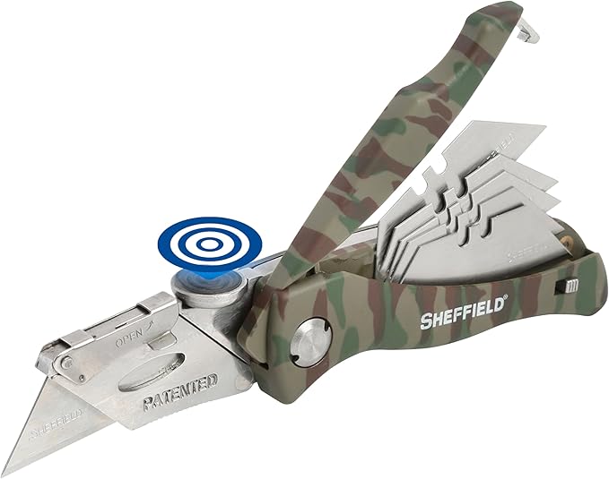 Sheffield Folding Utility Knife, Accepts Standard Utility Knife Blades, Box Cutter, Razor Blades Included, For Home, Office, Trades, and Warehouse