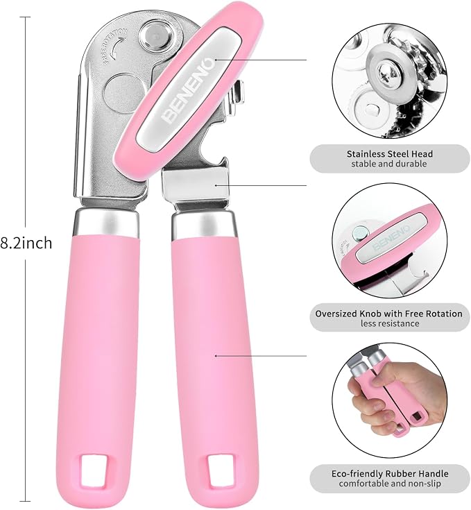 Beneno Heavy Duty Hand Can Opener Manual with Magnet, Durable Sharp Carbon Steel Blade Smooth Cutting, Big Effort-Saving Knob & Soft Grip Handle, Multifunctional Kitchen Tool with Bottle Opener, Pink