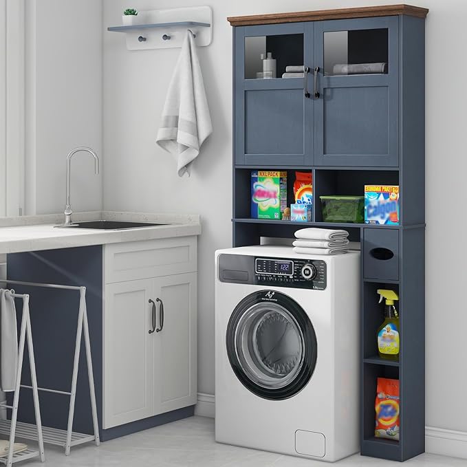 Vabches Over The Toilet Storage Cabinet, Storage Cabinet Over Toilet with Double Doors & Toilet Paper Holder Stand, Freestanding Toilet Shelf Space Saver with Anti-Tip Design & Adjustable Shelf, Blue