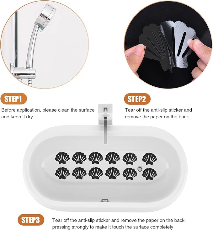 Secopad Non-Slip Bathtub Stickers, 24 PCS Shell Safety Bathroom Tubs Showers Treads Adhesive Decals Scraper (Black)