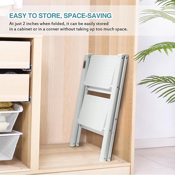 BOCOM 2 Step Ladder, Lightweight Portable Foldable Collapsible Folding Sturdy Iron Metal Step Stool with Anti-Slip Wide Pedal, Heavy Duty 330 lbs Capacity, for Home, Kitchen, Closet, Adults, White