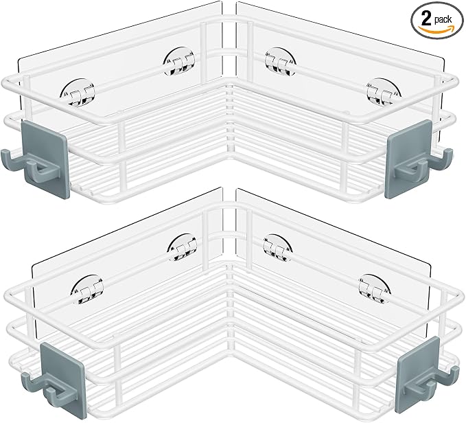 Nieifi Adhesive Corner Shower Caddy Shelf Basket Rack with Hooks, Rust Proof Stainless Steel Bathroom Shelf Shampoo Holder No Drilling (White)