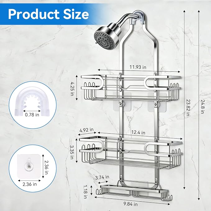 Shower Caddy Hanging, Over Head Shower Caddy Shower Storage Rack Basket with Hooks for Razor and Sponge Rustproof, No Drilling, Accessories for Bathroom and Kitchen, Chrome