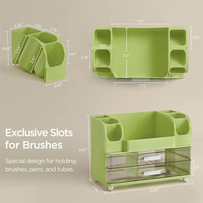 HBlife Makeup Organizer for Vanity with Brush Holder, Large Bathroom Countertop Cosmetic Organizer Skincare Storage, Easy to Store Lipsticks, Nail Polishes, Perfumes, Eyeshadow Palettes, Avocado Green