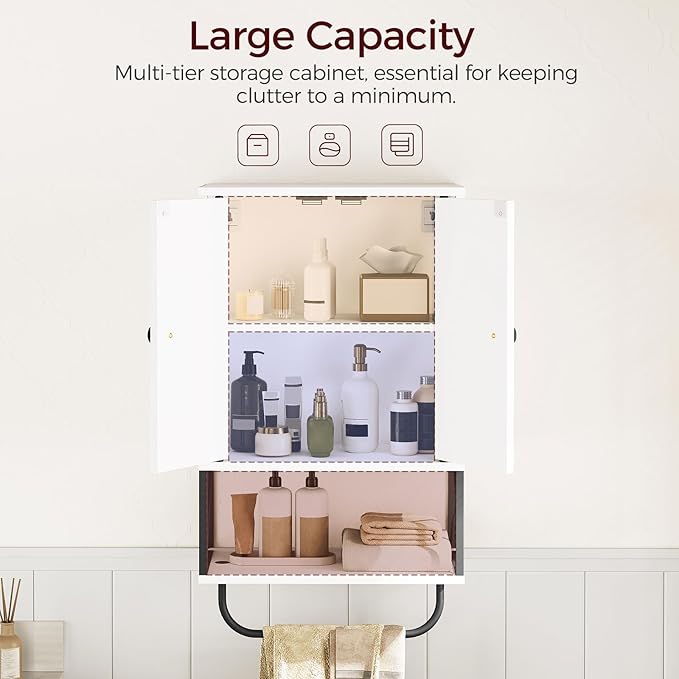 MAHANCRIS Bathroom Wall Cabinet with 2 Door and Adjustable Shelf, Farmhouse Medicine Cabinet with Towel Rack, 3-Tier Wall Mounted Storage Cabinet Over The Toilet for Bathroom Laundry Room, White
