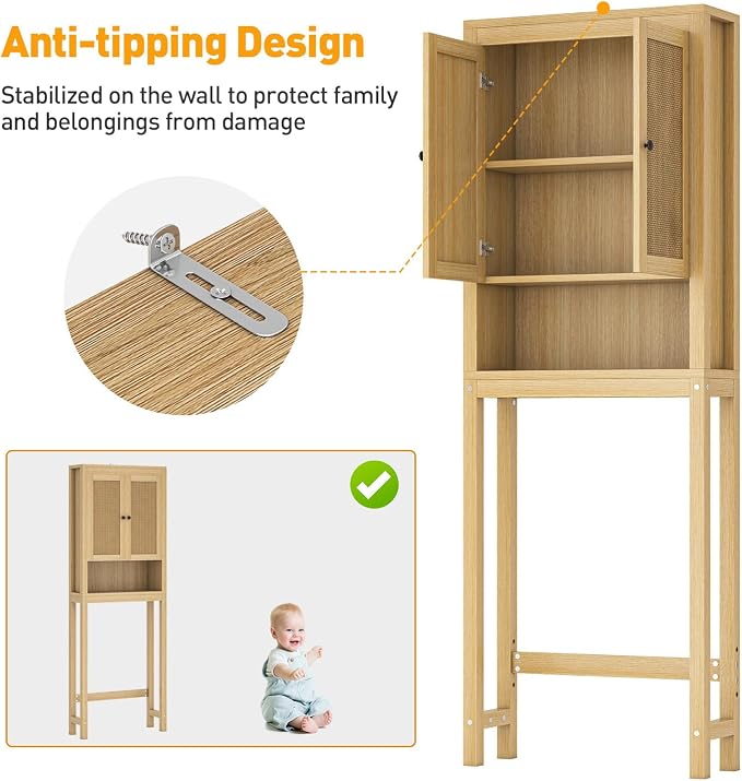 knoworld Rattan Over The Toilet Storage Cabinet, Above Toilet Bathroom Organizer with Adjustable Shelf, Behind Toilet Cabinet, Space Saver for Restroom, Bathroom, Laundry, Wood Rack, Natural