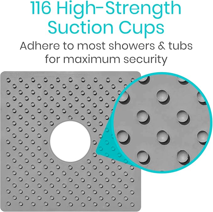 Vive Shower Mat - 22" by 22" Square Non Slip Large Bath Mat for Bathtub - Patented Design - Suction Cup Traction Skid Pad for Stalls Floors Tub - Textured Rubber with Drain Hole