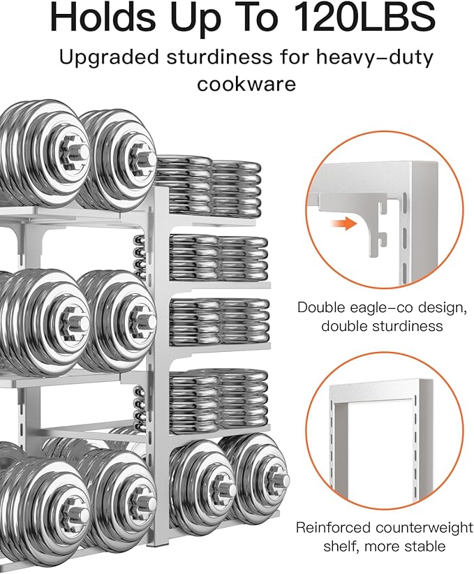 ORDORA Pots and Pans Organizer Rack for Cabinet, 15.83" Height 8-Tier Heavy Duty 120LBS Pot Pan Organizer under Cabinet Adjustable for Cast-iron Pan, Heavy Skillets Griddles, Shallow Pot, Silver