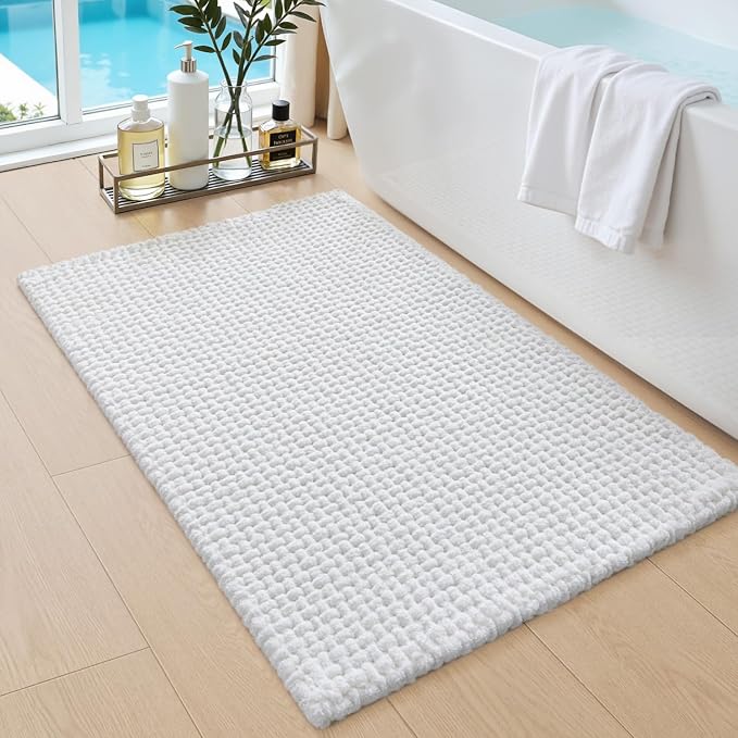DEXI Bathroom Rugs 36x24, Non Slip Washable Bath Mat, Absorbent Chenille Bathmat, Ultra Soft Thick Carpet for Tub Shower Floor, White