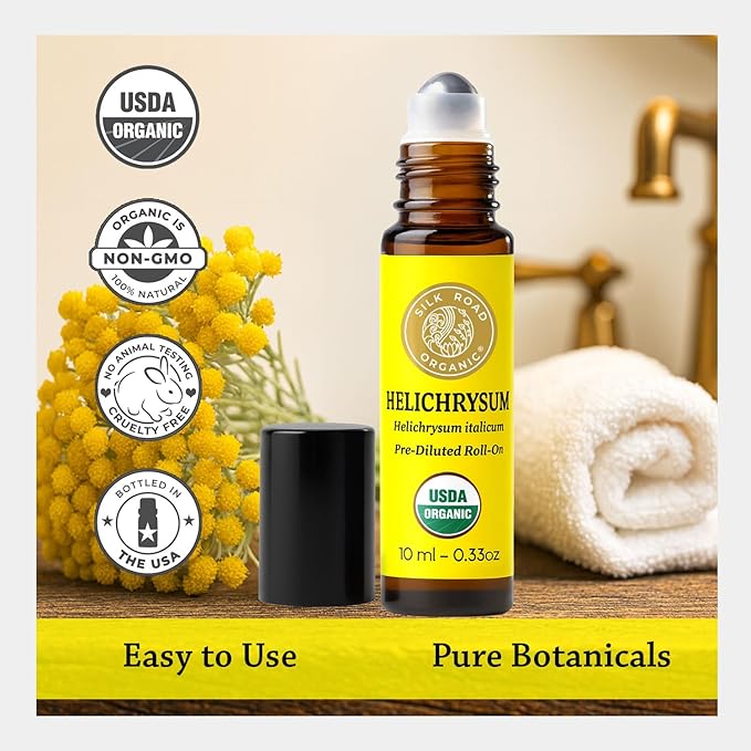 Silk Road Organic Helichrysum Italicum Essential Oil Roll on for Skin Care, Wrinkles, Scars, Bruises - USDA Certified Immortelle Oil 10ml Aromatherapy Roller - Always Pure, Always Organic