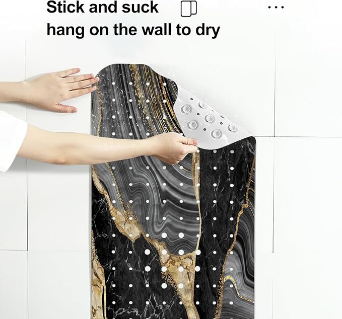 LNOND Marble Bath Tub Mat Non Slip, Extra Long 40 X 16 Inch Anti Slip Mat for Bathtub, Black Gold Luxury Marble Shower Mat with Drain Holes and Suction Cups, Machine Washable