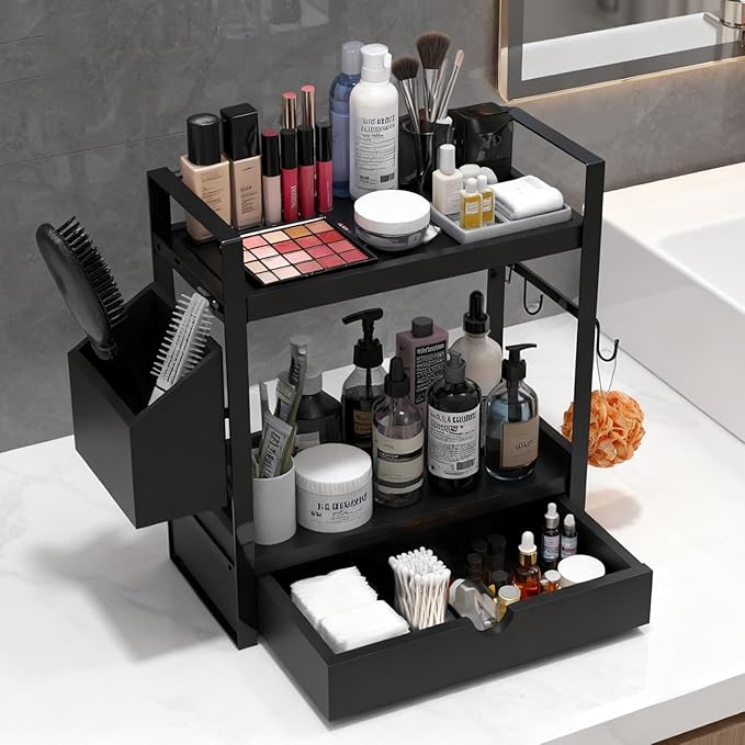 2-Tired Bathroom Counter Organizers and Storage, Coffee Bar Organizer with Drawer, Solid Wood Skincare Perfume Organizer for Vanity Kitchen Corner Shelf Office Countertop (Black)