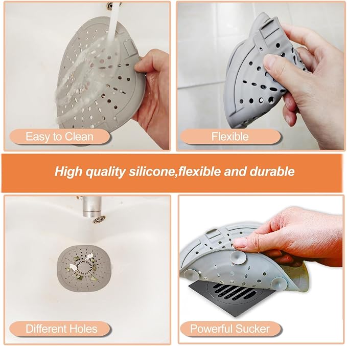 Hair Catcher Square Silicone Hair Stopper Shower Drain Hair Catcher with Suction Cup Easy to Install and Clean Suit for Bathroom Bathtub and Kitchen(Upgraded Strong Suction 2 Pack(Traffic Black Grey)