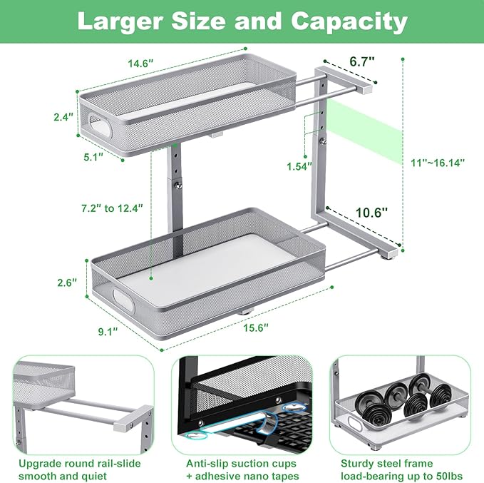 Under Sink Organizer 2 Pack, High Adjustable 2 Tier Under Sink Organizers and Storage, Slide out Metal Cabinet Organizers, Pull out Storage Drawer Shelf for Kitchen Bathroom Cabinet