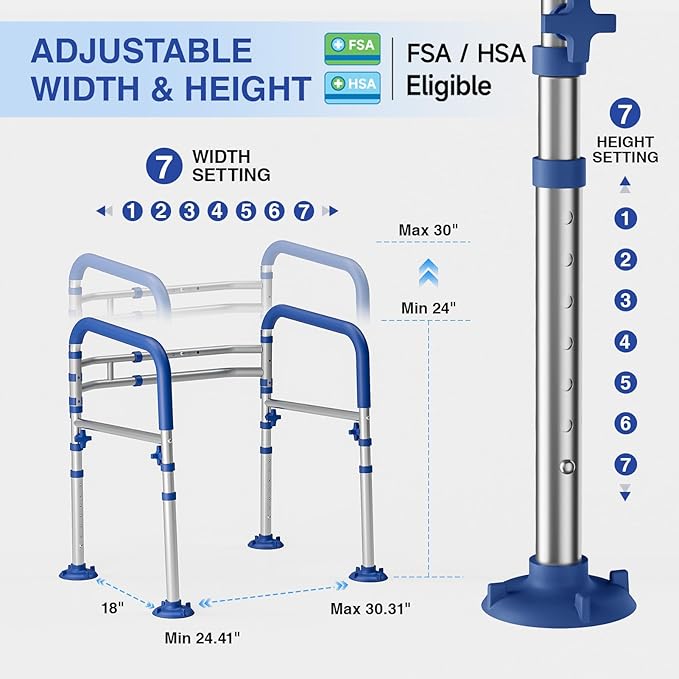 Loyoda Foldable Toilet Safety Rails for Seniors, Height & Width Adjustable | Safety Frame & Toilet Handles for Elderly & Disabled, Fits Most Toilets, 350lb Capacity, Blue