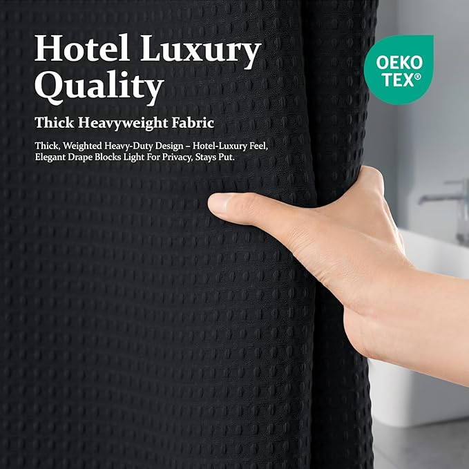 Dynamene Black Fabric Shower Curtain, Waffle Weave Heavy Duty Thick Fabric Shower Curtains for Bathroom, 256GSM Weighted Hotel Luxury Cloth Shower Curtain Set with 12 Plastic Hooks, 72Wx72H, Black