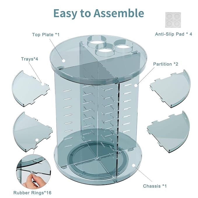 Rotating Makeup Organizer, DIY 8 Adjustable Layers Spinning Skincare Storage, Cosmetic Display Case with Brush Holder and Perfume Tray, Multi-Function Vanity Bathroom Countertop Organizer Clear Blue