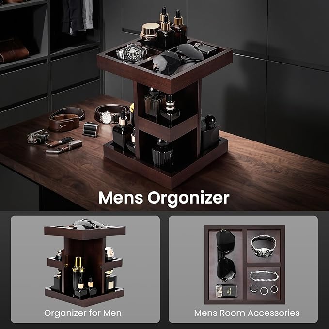 EXIN DECHEN Cologne Organizer for Men,Cologne Stand,3 Tier Wooden Perfume Shelf with Rotate,Desk Organizer,Gift for Dad From Wife,Husband Boyfriend Birthday Gift Ideas,Fathers Day Gift for Men