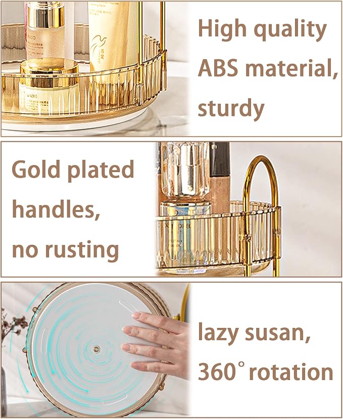 shuang qing Rotating Makeup Organizer for Vanity, High-Capacity Skincare Clear Make Up Storage Perfume Organizers Cosmetic Dresser Organizer Countertop 360 Spinning (Gold, 2 Tier)