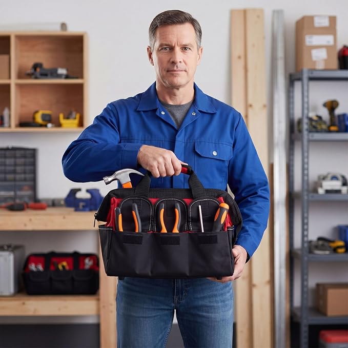 Sanwuta 3 Pack Tool Bag for Men with Waterproof Hard Bottom, Heavy Duty Tool Bag Wide Mouth Tote for Various Instrument, Electrician Carpenter Mechanic (Blue, Red, Yellow,13 Inch,Side Pockets)