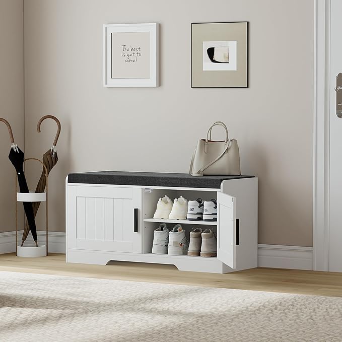 Homleke 2-Tier Storage Bench, Shoe Bench with Thickened Padded Seat Cushion, Entryway Bench with 2 Doors, Adjustable Shelf, 13.8" D x 37.4" W x 18.5" H, for Entryway, Living Room, Bedroom, White
