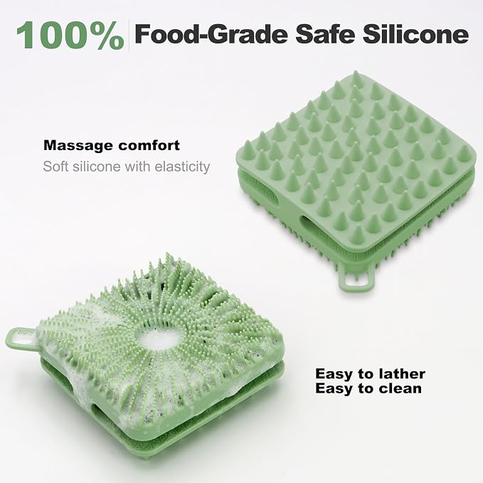Silicone Body Scrubber, Loofah Double-Sided Body Brush, Shower Scrubber and Scalp Massager Shampoo Brush for Sensitive Kids Women Men All Kinds of Skin (Grass Green)