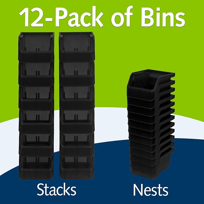 ReadySpace Plastic Containers for Organizing and Storage Bins for Drawers, Desks, Office Organization, and Garage, Stackable Bins, Extra-Small (3" x 5" x 4"), 12-Pack, Black
